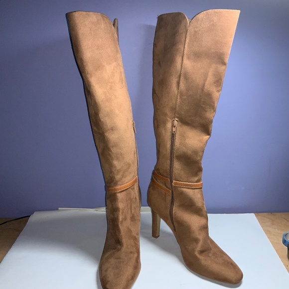 Express faux suede tall boots Sz 10 thin heel buckle detail side zip - Picture 1 of 12